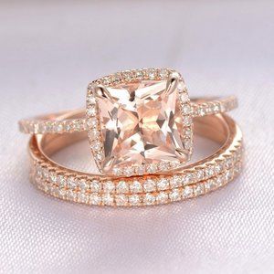 NEW 18K Rose Gold Cushion Morganite 3PC Ring Set Q